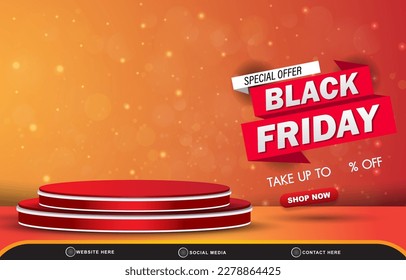special offer black friday sale discount template banner with copy space 3d podium for product sale with abstract gradient red and orange background design