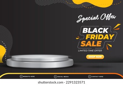 special offer black friday sale discount template banner with blank space 3d podium for product sale with abstract gradient black background design