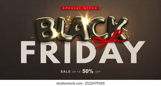 Oferta especial. Banner de venda de sexta-feira preta com texto 3d brilhante decorativo realista e arco vermelho no fundo escuro. Modelo de design promocional para poster web, folheto, mídias sociais. Ilustração de anúncio vetorial