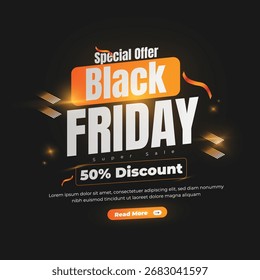 Oferta especial Black Friday Super Sale Anuncio de Vector de redes sociales con 50 por ciento de descuento