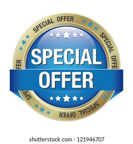 Special Offer Blue Gold Button Isolated Background