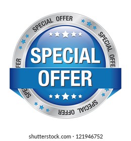 Special Offer Blue Silver Button Isolated Background