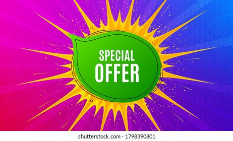 Burbuja de oferta especial. Banner de destello de luz intermitente. Forma de pancarta de descuento. Icono de chat de cupón de venta. Fondo de forma degradado. Diseño de volante promocional. Promoción de ofertas especiales. Vector