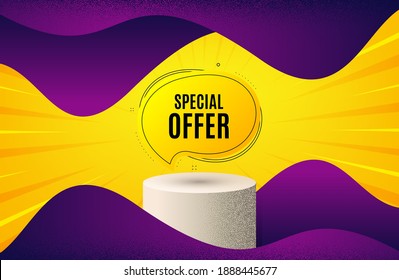 Sonderangebot Blasenaufkleber. Hintergrund mit Podium-Plattform. Rabatt auf die Bannerform. Coupon-Chat-Symbol verkaufen. Dotted bieten Podiumbanner an. Dotwork-Plattform-Hintergrund. Sonderangebot-Badge. Vektorgrafik