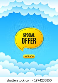 Special offer bubble sticker. Cloud sky background with offer message. Discount banner shape. Sale coupon chat icon. Best advertising coupon cloud banner. Special offer badge shape. Vector