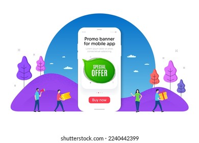 Special offer bubble sticker. Phone ui interface banner. Discount banner shape. Sale coupon chat icon. Mobile smartphone promo banner. Special offer tag. Man with gift box. Vector