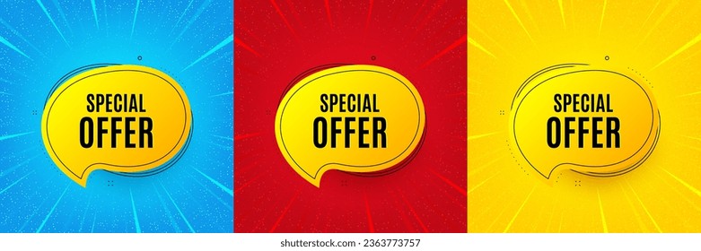 Special offer bubble sticker. Sunburst offer banner, flyer or poster. Discount banner shape. Sale coupon chat icon. Special offer promo event banner. Starburst pop art coupon. Special deal. Vector