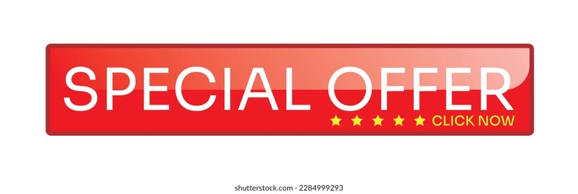 Botón de oferta especial con clic ahora texto, fondo cuadrado rojo 3d botón web