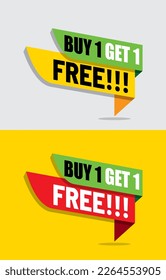 Special offer, Buy 1 Get 1 Free!!! offer, label green and red bands on grey and yellow background 