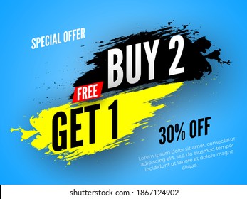 Special offer buy 2, free get 1 sale banner. Vector illustration.