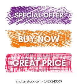 Special Offer, Buy Now, Great Price. Set of three sale banners on the colorful painted spots. Vector illustration