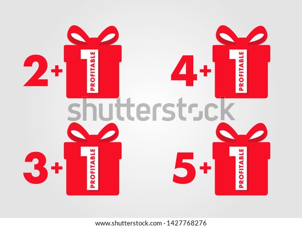 special offer buy two, three, four or five get\
plus one free, set of labels with red numbers and gift box, graphic\
element for advertising\
campaign