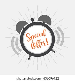 Special offer, call alarm clock with sun rays. Vector illustration