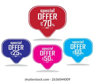 Special Offer Callout Labels  Up to 70% Off, Bold Discount Tags Vector, up to 70%, 60%, 50%, 25%, A collection of bold, colorful callout style labels featuring special offer text with varying discount