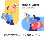 Special offer for cardholders and banking cashback for online shopping. Flat vector illustration of man and woman holding a big credit cards and shouting with megaphone. Users notification and alert