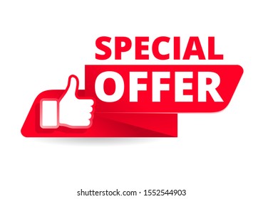 Special offer catchy sticker or web button - isolated red vector promo element with text and thumbs up
