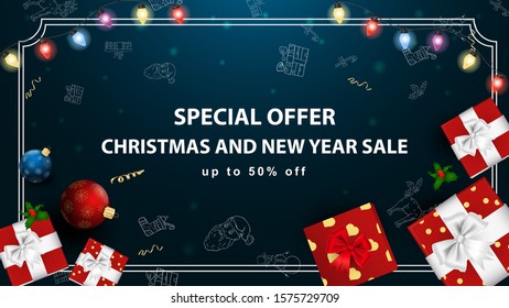 Special offer Christmas and new year sale up to fifty percent discount dark blue banner with garland and gift boxes light bulb garland frame vector EPS 10