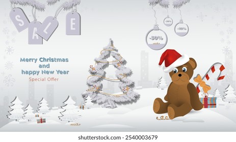 Special Offer Christmas and New Years Sale, a bear toy in a Santa Claus hat next to a fir tree in a winter snowy forest