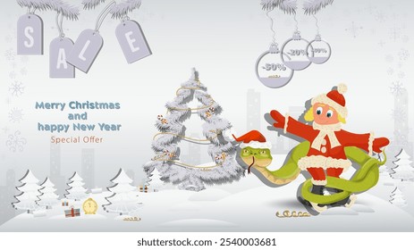 Special Offer Christmas and New Years Sale, A snake in a Santa Claus hat wraps around a girl on skates next to a fir tree in a winter snowy forest