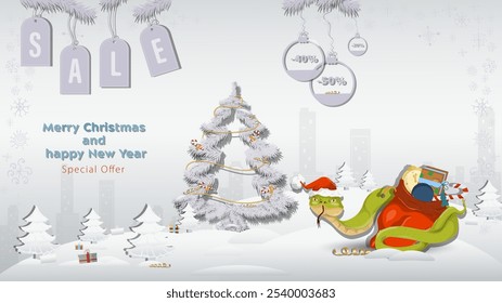 Special Offer Christmas and New Years Sale, A snake in a Santa Claus hat wraps around a bag of gifts next to a fir tree in a winter snowy forest
