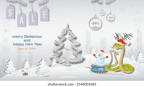 Special Offer Christmas and New Years Sale, A snake in a Santa Claus hat with a glass ball next to a fir tree in a winter snowy forest