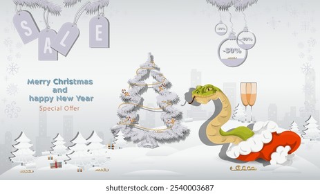 Special Offer Christmas and New Years Sale, A snake crawls out of Santas hat next to a fir tree in a winter snowy forest