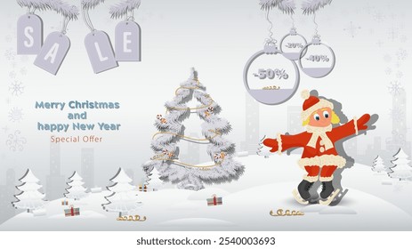 Special offer Christmas and New Years Sale, A girl in a Santa Claus costume skating next to a fir tree in a winter snowy forest