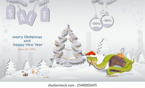 Special Offer Christmas and New Years Sale, A snake in a Santa Claus hat wraps around a Christmas tree toy next to a fir tree in a winter snowy forest