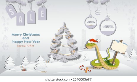 Special offer Christmas and New Years Sale, A snake in a Santa Claus hat with a wooden sign with a fir tree in a winter snowy forest