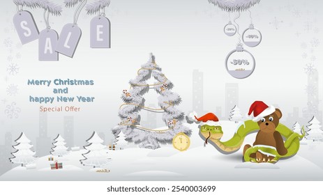 Special Offer Christmas and New Years Sale, A snake in a Santa Claus hat wraps around a bear toy next to a fir tree in a winter snowy forest