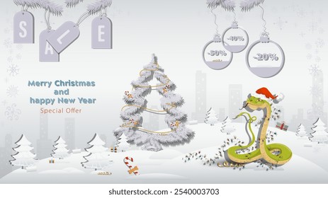 Special offer Christmas and New Years Sale, A snake in a Santa Claus hat wrapped in a garland with a fir tree in a winter snowy forest