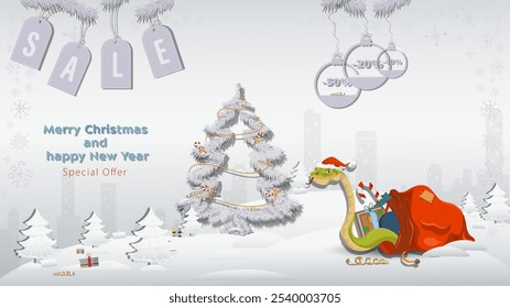 Special Offer Christmas and New Years Sale, A snake in a Santa Claus hat crawls out of a gift bag next to a fir tree in a winter snowy forest