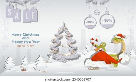 Special Offer Christmas and New Years Sale, a snake hiding behind a big Santa Claus hat next to a fir tree in a winter snowy forest