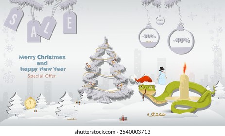 Special Offer Christmas and New Years Sale, A snake in a Santa Claus hat wraps around a candle next to a fir tree in a winter snowy forest