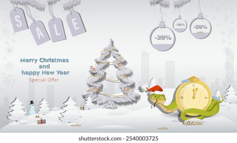 Special Offer Christmas and New Years Sale, A snake in a Santa Claus hat wraps around a clock next to a fir tree in a winter snowy forest