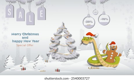 Special Offer Christmas and New Years Sale, A snake in a Santa hat wraps around a gingerbread man next to a fir tree in a winter snowy forest