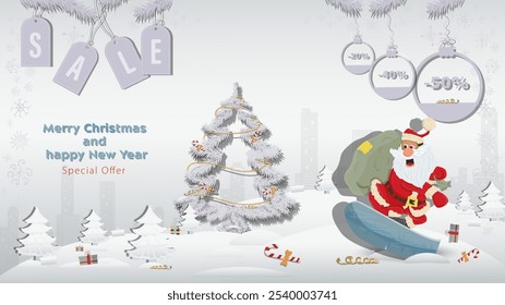 Special offer Christmas and New Years Sale, Santa Claus with a bag of gifts on a snowboard next to a fir tree in a winter snow forest