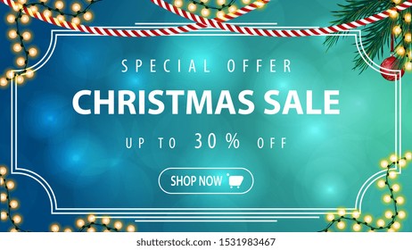 Special offer, Christmas sale, up to 30% off, blue horizontal discount banner with vintage frame, garland and Christmas tree branch