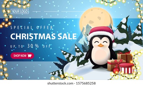 Special offer, Christmas sale, up to 30% off, horizontal discount web banner with starry sky, full moon, mountain and penguin in Santa Claus hat with presents