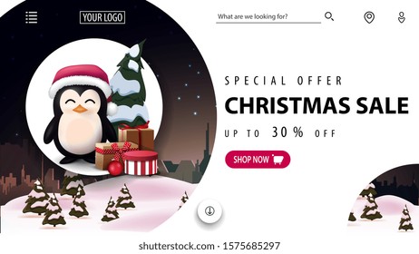 Special offer, Christmas sale, up to 30% off, beautiful discount banner foe website with winter landscape and penguin in Santa Claus hat with presents