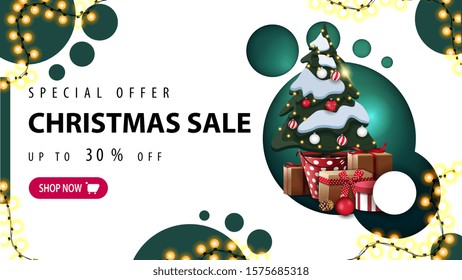 Special offer, Christmas sale, up to 30% off, discount banner with modern design with green circles and Christmas tree in a pot with gifts