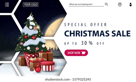 Special offer, Christmas sale, up to 30%, white discount banner with winter night landscape, abstract honeycomb shapes, pink button and Christmas tree in a pot with gifts