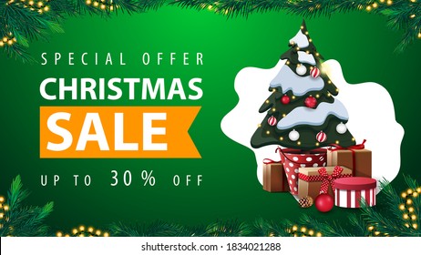 Special offer, Christmas sale, up to 30% off, green discount web banner with abstract shape on background, garland frame, frame made of Christmas tree branches and Christmas tree in a pot with gifts