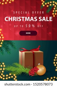Special offer, Christmas sale, up to 50% off, vertical red and green discount banner with gift and Christmas tree branch