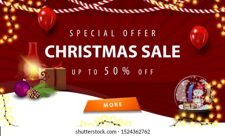 Special offer, Christmas sale, up to 50% off, red discount banner for homepage your website with antique lamp and snow globe