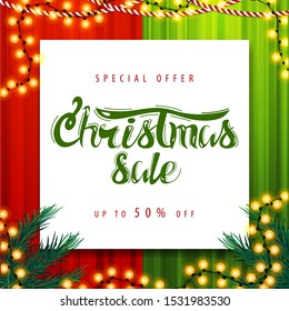 Special offer, Christmas sale, up to 50% off. Red and green square discount banner with Christmas garland and white paper sheet