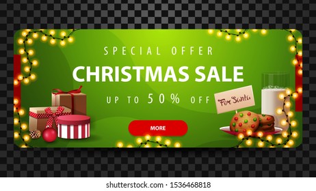 Special offer, Christmas sale, up to 50% off, beautiful green discount banner with garlands, red button, presents and cookies with a glass of milk for Santa Claus