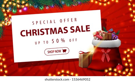 Special offer, Christmas sale, up to 50% off, red discount banner with garland, Christmas tree, white paper sheet and Santa Claus bag with presents