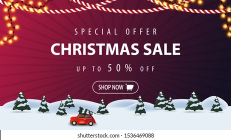Special offer, Christmas sale, up to 50% off, purple discount banner with cartoon winter landscape with red vintage car carrying Christmas tree