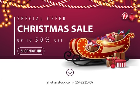 Special offer, Christmas sale, up to 50% off, purple discount banner with garlands, button and Santa Sleigh with presents near the wall